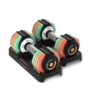Adjustable Dumbbells Set 12.5LB Pair, 1-Sec Fast Adjustable 5 Free Weights, Premium Comfort Non-slip Metal Handle, Compact Size for Full Body Home Workout (Rainbow)