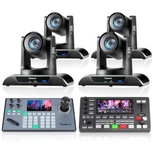 Tenveo PTZ Camera Bundle/Kits -20X 4K NDI AI Auto-Tracking PTZ Camera(4pcs) with HDMI/USB3.0/LAN(PoE), NDI PTZ Joystick Controller and 4K HDMI + SDI Video Switcher Mixer for Live Production Events
