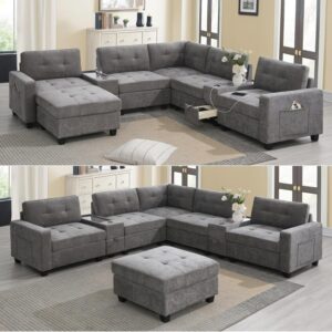 104” Modular Sectional Sofa couch with 2 Acrylic Consoles, Oversized U Shaped Couch Set with USB Charger, Storage Drawers,Pockets and Movable Ottoman, Chenille Sectional Couches for Living Room ,Gray