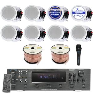 Home Theater Sound System Kit – 6 Channel 6000 Watts Bluetooth Amplifier, 8 Qty of 8” Framed Ceiling Speakers 300 W Each, Mic, 500 ft Speaker Wire & Remote for Home, Office, Restaurant by Vaiyer