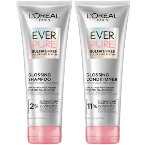 L’Oreal Paris Glossing Sulfate Free Shampoo and Conditioner Set with Glycolic Acid, Hair Care for Lasting Shine and Smoothness for Dull, Dry Hair, EverPure, 1 Kit