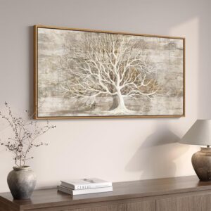 Framed Vintage Tree of Life Wall Art, Neutral Rustic Farmhouse Tree Canvas Painting Print Artwork for Walls, Gray White Beige Modern Abstract Forest Picture for Living Room Bedroom Office Wall Decor
