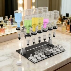 Desktop Perfume Dispenser Kit – 12/6 Bottle Manual Liquid Filling Machine with Pumps, Scent ing Cups & 200ml Glass Bottles for Retail, Bars & Fragrance Sampling