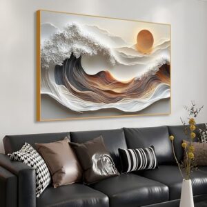 Abstract Ocean Wave Canvas Wall Art – Coastal Boho Wall Décor, Sun Wave Print for Living Room, Bedroom – Japanese-Inspired Framed Canvas Art (Gold Framed, 59″x39″|150x100cm)