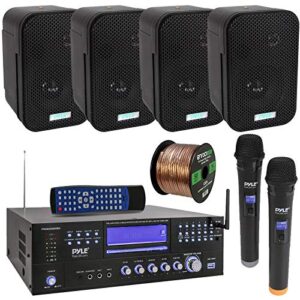 Pyle 3000W Bluetooth USB Home Theater Preamp AM/FM Stereo Receiver System with 2 Wireless Mics – Bundle Combo with 4x 3.5″ 300W Indoor/Outdoor Black Waterproof Speakers, 16 Gauge 50 Feet Speaker Wire