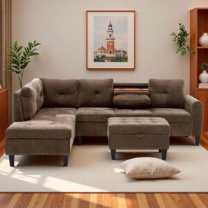 L-Shaped Sectional Sofa with Movable Chaise & Storage Ottoman, Lounge 3-Piece Modular Convertible Couches for Living Room, Apartment & Office, Brown