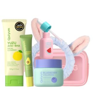 QUIYUM Skin Care Set, Fruit Women Birthday Christmas Beauty Gift Sets, Skin Care Kit with Cleanser, Serum, Eye Cream, Face Cream Travel Kit for Women, Gentle, Full Sizes 4pcs, Stocking Stuffers