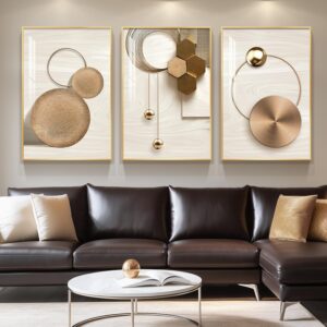 Large Framed Modern Luxury Gold Wall Art for Living Room, 3 Piece Bright Style Art Prints Paintings Artwork for Walls, Bronze Gold Geometric Pictures for Hallway Stair Office Wall Decor 24×36 In