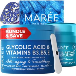 MAREE Bundle – Glycolic Acid Peel Pads, Sheet Moisturizing Masks & Face Moisturizer Cream – Salicylic Acid, Marine Collagen & Hyaluronic Acid, Retinol – Cleaning Effect, Hydrating & Anti Aging Cream