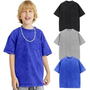 Arssm 3 Pack Boys Girls T-Shirts Cotton Acid Wash Oversized Tees Kids Crewneck Summer Basic Tops(BlackGreyBlue-11Y)