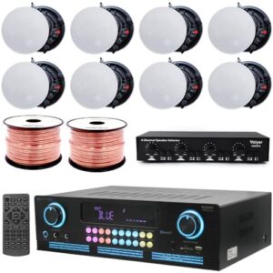 Home Theater Sound System Kit – 2000 W Bluetooth Amplifier w/ 8 Qty of 5.25″ Frameless Ceiling Speakers 175 W Each, 4-Ch Speaker Selector w/Volume Control, 500 ft Speaker Wire & Remote – Vaiyer