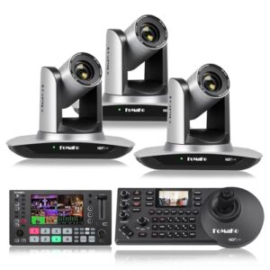 FoMaKo 20x Optical Zoom NDI Camera, AI Auto Tracking HDMI PTZ Camera(2PCS), M3 Video Mixer Switcher+KC608 Pro PTZ Controller, for Church Services Worship Education,PTZ Bundle(FMK20UH+M3+KC608 Pro)