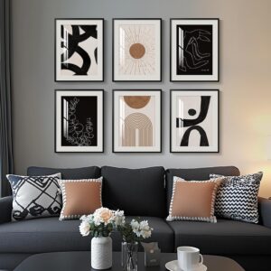 Framed Boho Black and White Brown Modern Abstract Wall Art for Living Room, Set of 6 Bohemian Wall Hanging Artwork, Minimalist Sun Geometric Pictures for Bedroom Office Bathroom Wall Decor 11×14 Inch