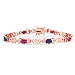 Gemstone Birthstone and Blue Sapphire Heart Link Tennis Bracelet for Women | 18K Rose Gold Plated Silver | Oval 6X4MM | 7.25 Inch Length | Double Locking Fold Over Clasp | Jewelry for Her Mom Wife