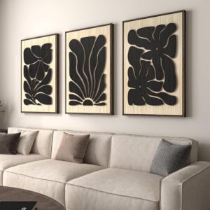 Framed Textured Wood 3D Wall Art for Living Room, Large Boho Floral Black and Beige Artwork for Walls, 3 Piece Abstract Bohemian Flower Wood 3D Art for Office Bedroom Hallway Wall decor, 24×36 Inch