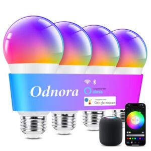 Odnora Smart Light Bulbs, Color Changing Light Bulb, Work with Alexa & Google Assistant, RGBWW A19 LED Light Bulbs Dimmable, 2.4GHz WiFi Bluetooth Light Bulb 60W Equivalent, Music Sync, 800LM, 4 Packs