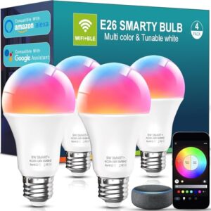 luckystyle Smart Light Bulbs, 9W A19 E26 800LM WiFi Bluetooth LED Bulbs Compatible with Alexa, Google Assistant & Home, 16 Million Colors Music Sync Color Changing Dimmable RGBWW Lights Bulb (4)