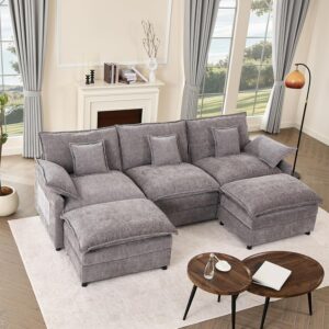 108″ U Shaped Couch, Modular Sectional Sofa, 3-Seater Comfy Cloud Couch with Movable Ottoman, Deep Seat Couches for Living Room, Chenille, Slate