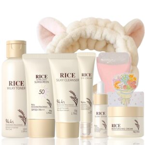 Rice Skincare Set for Women & Girls – Korean Skin Care Set with Rice Cleanser, Toner, Serum, Face Cream, Eye Cream, Sunscreen, Ice Roller, Headband & Card – Moisturizing & Skin Barrier Support (9PCS)