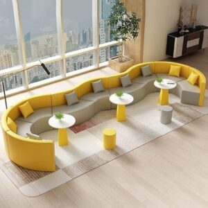 XAAKDELPO Curved Leather Reception Sofa Set with Glass Top Coffee Table, S-Shape Modern Waiting Room Furniture for Office, Clinic, Hotel(E)