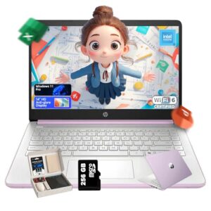 HP 14 inch Laptop for Students & Business • 1-Year Office 365 • 250nits Anti-Glare Display • Intel 4-Core CPU • Copilot • Win 11 Pro • Accessories • Wi-Fi 6 • 16GB RAM • 128GB UFS • 256GB SD Card