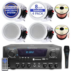 Vaiyer 1000W Bluetooth Home Theater Sound System – Amplifier with 4 High-Power 8” In-Ceiling FramED Speakers, 100ft Wire, Mic & Remote – Compact Audio Kit for Living Room, Office, Garage & Outdoor Use