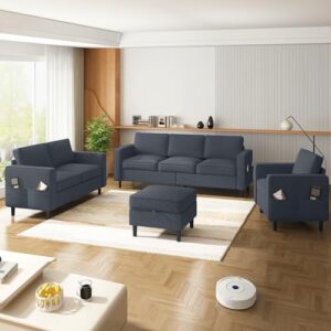 ADOWORE 3 Pieces Sofa Sets Furniture for Living Room, Linen Fabric 3 Seater Sofa with Ottoman and Loveseat and Armchair Sets, Modern L Shaped Couch + Love Seat + Accent Chair Sets, Dark Grey