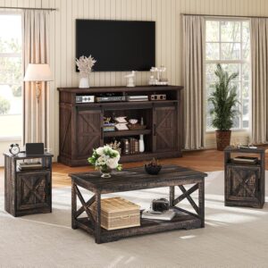 AMERLIFE 4 Piece Farmhouse Living Room Furniture Set with 66″ TV Stand, Coffee Table & 2 End Tables, Barn Door Design, Large Storage Shelves, Built-in Charging Station & USB Ports, Barnwood