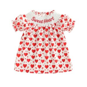 ASUNYKID Sweet Heart Girls Dress, White with Red Hearts Pattern, Smocked Neckline, Puff Sleeve Summer Casual Dress