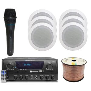 Home Theater System Kit 1000 Watts Bluetooth Receiver w/ 6 Qty 5.25″ 175 Watts Each in-Wall in-Ceiling Speakers & 16 Gauge 250 ft. Speaker Wire Portable Microphone w/Remote Control by Technical Pro