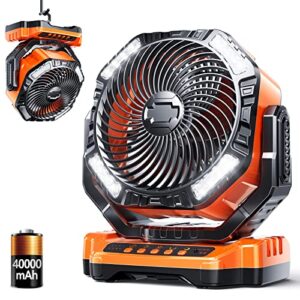 Camping LED Fan with Light, 40000mAh Rechargeable Battery Powered Outdoor Tent Fan with Light and Hook, 4 Speed, Personal USB Desk Fan for Camping, Fishing, Power Outage,Hurricane, Worksite