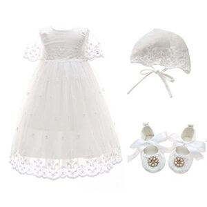 Glamulice Ivory Newborn Girls Baptism Dresses 6-12 Floral Embroidered Baby Girl Christening Communion Formal Party Gown Lace Infant Pageant Photo Shoot Holiday Blessing Tulle Dress Hat Shoes Event 6M