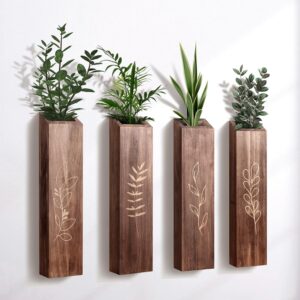 4 Pack Wood Indoor Wall Planter, Modern Boho Wall Decor for Living Room Bedroom, Farmhouse Pocket Vases for Dried Flowers and Faux Greenery Plants – Brown