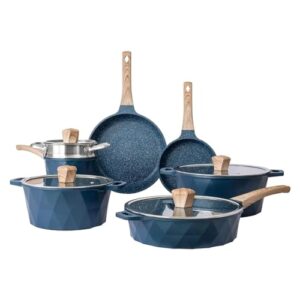 Kitchen Induction Cookware Sets – 13 Piece Nonstick Cast Aluminum Pots and Pans with Handles, Glass Lids (Blue Fits All)