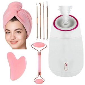 Facial Steamer,Complete Home Spa Set – Jade Roller, Gua Sha, Blackhead Remover Tools, Microfiber Hair Towel, Deep Pore Cleansing, Hydrating