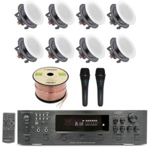 Home Theater Sound System Kit – 6 Ch 6000 W Bluetooth Amplifier w/ 8 Qty of 5.25″ Frameless in-Wall in-Ceiling Speakers 175W Each, 2 Qty of Wired Mic, 500 ft Speaker Wire & Remote by Technical Pro
