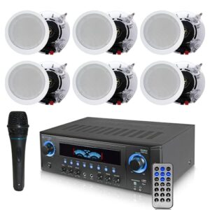 Technical Pro 1000 Watts Professional Home Theater Receiver System Kit w Portable Microphone with Digital Processing and Remote 6 Qty of 5.25” Ceiling Wall Mount Framed Speakers