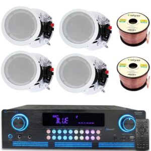 Home Theater Sound System Kit – 2000 Watts Bluetooth Amplifier w/ 4 Qty of 8″ Framed Ceiling Speakers 300 W Each, 200 ft Speaker Wire & Remote for Home, Office, Commercial, Bars by Technical Pro