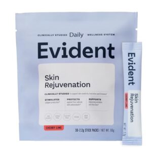 EVIDENT WELLNESS Skin Rejuvenation Powder – Collagen Supplement w/Resveratrol, Sodium Hyaluronate, CollaBZEn, Vitamins C & E – Supports Elasticity, Hydration, Firmness – 30 Stick Packs, Cherry Lime