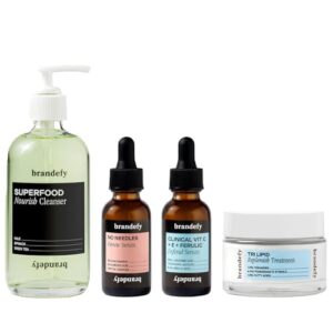 Brandefy Holiday Luxe Essentials Set – Superfood Nourish Cleanser, No Needles Renew Serum, Clinical Vit C + E + Ferulic Defend Serum and Tri Lipid Replenish Treatment