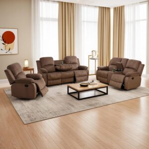 Manual Recliner Sofa Set,Microfiber Reclining Couch Set,Modern Living Room Furniture Set,Reclining Sofa Couch Chair for Living Room Home Office(Brown,3 Pieces Set)