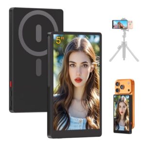 5″ Selfie Monitor Screen iPhone 17,1080P Wireless Screen Mirroring Back Camera Monitor iPhone, Magnetic Selfie Screen with Headphone Jack, 2600mAh,100ft Remote for Vlog, Snaplylens for iPhone, Android