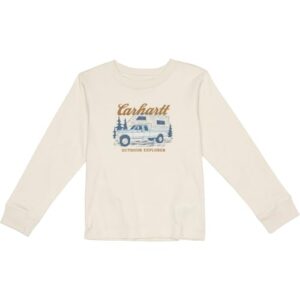 Carhartt Kid’s CA6733 | Long-Sleeve Logo ‘Camping’ T-Shirt | Toddler Boys 3 Toddler (3T) Turtle Dove (Malt/Beige)