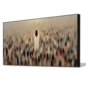 Jesus Feeds the 5000 Wall Art,Catholic Art,Bible Faith Decor,Jesus Canvas,Religious Decor,Christian Posters,Pastel Abstract Wall Art for Prayer Room,Living Room,Bedroom,Prayer Closet,Ready to Hang (Black Frame, 62″ L x 31″ W – 160x80cm, Framed)