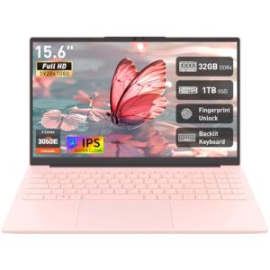 Auusda 15.6″ FHD Laptop, Athlon Silver 3050E Processor, 32GB DDR4 RAM, 1TB SSD, WiFi 5/ USB 3.0/ Type-C/HDMI, Win 11 Pro, IPS Thin and Light Computer Notebook for Work, Study and Entertainment, Pink