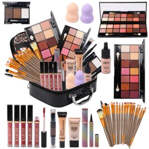 All in One Makeup Kit for Makeup storage bag 2X14 Colors Eyeshadow Palette Liquid Foundation Eyeliner Pencils Contouring Stick Lip Gloss 20Pcs Make up Brushes For Women Girls Teens (Black)