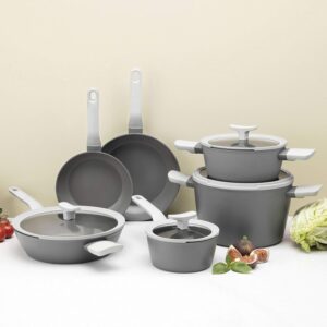 BergHOFF Leo 10Pc Non-stick Ceramic Cookware Set With Glass Lid, Cast Aluminum, Non-toxic, CeraGreen Nonstick Coating, Stay-cool Handle, Induction Pots and Pans, Grey