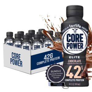 Worldwide Nutrition Bundle: Fairlife Core Power Elite 42g High Protein Milk Shake – Kosher, Chocolate Protein Shake for Workout Recovery – 14 Fl Oz (Pack of 12) & Multi-Purpose Key Chain