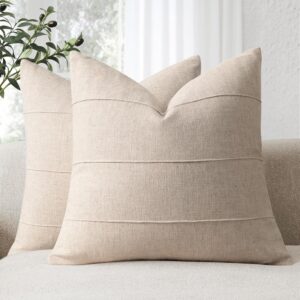 Decorative Linen Throw Pillow Covers 18×18 Set of 2 Solid handcrafted Striped Cushion Covers for Bed Soft Modern Farmhouse Neutral Pillowcase for Couch Bedroom Living Room Home Decor(Natural Beige)