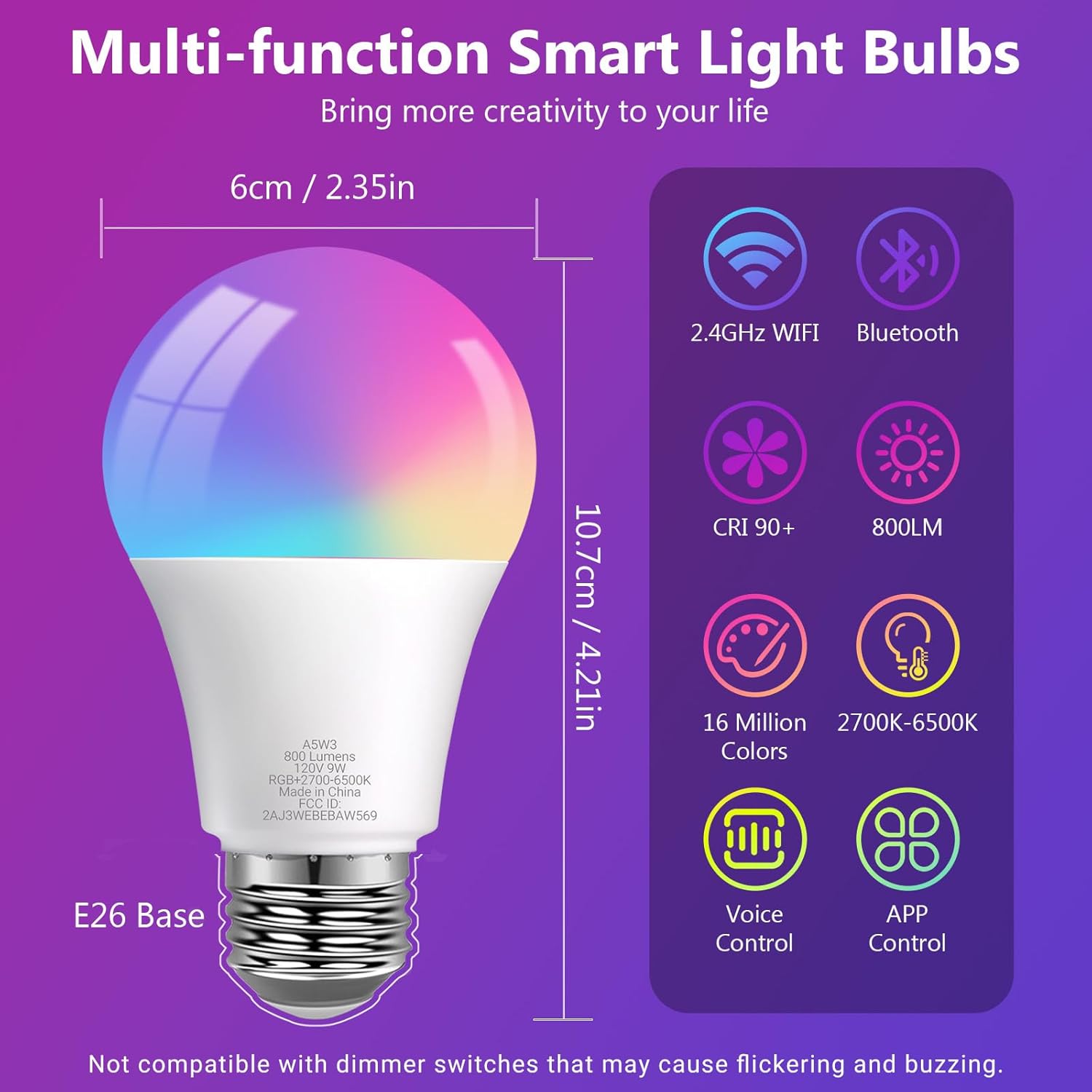 DAYBETTER Smart Light Bulbs, Smart Bulb Compatible with Alexa & Google Home, A19 E26 2.4G WiFi Bluetooth Alexa Light Bulbs, RGBCW Color Changing LED Light Bulb, 60W Equivalent, 800LM, 10Pack - Image 4